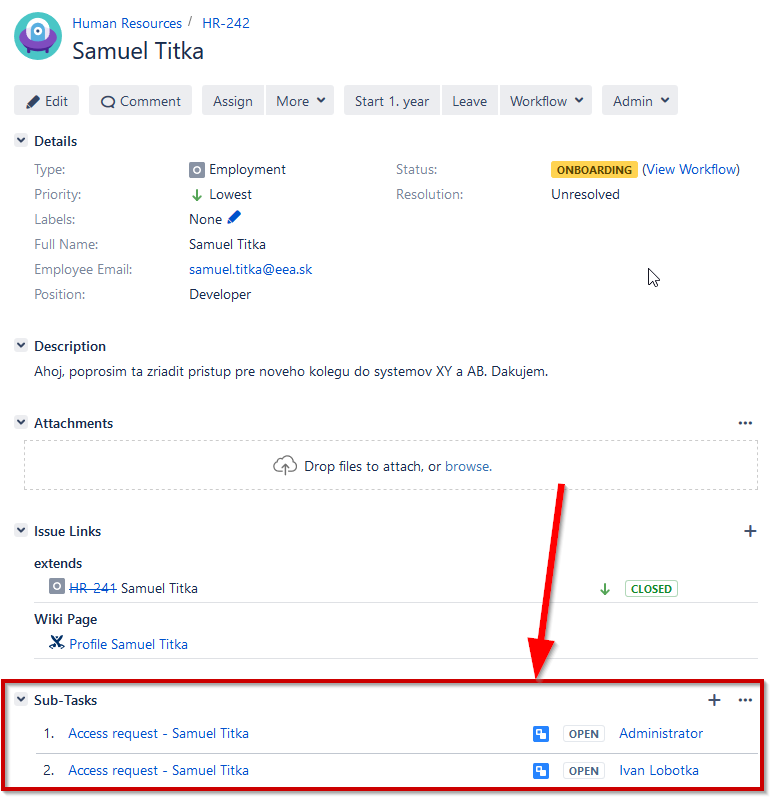 Ukázka Jira úlohy s požadavkem na přístup, kde je vyplněno uživatelské jméno a spuštěna funkce Generate Scripts.