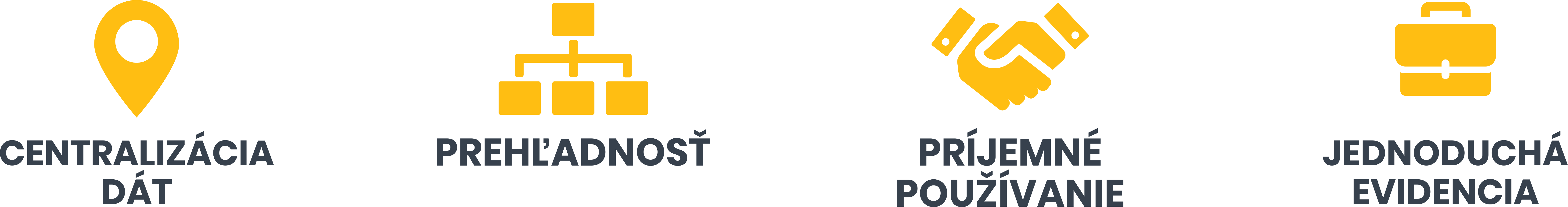 Ikony a slogany: Centralizace dat, Přehlednost, Příjemné používání, Jednoduchá evidence