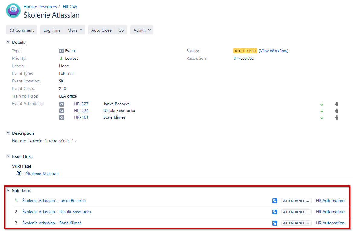 Formulář Send Feedback v Jira pro hodnocení školení Atlassian, obsahující hodnoticí pole pro očekávání, obsah, získané dovednosti, délku trvání, kvalitu a poskytnutou literaturu.