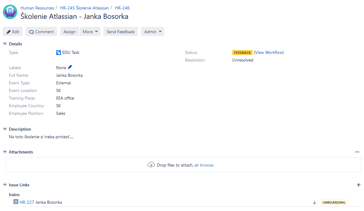 Detail EDU Task úlohy v Jira pro účastníka školení Atlassian s informacemi o typu události, lokaci a přiřazeném zaměstnanci.