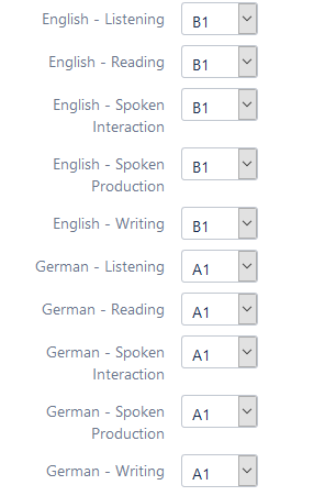Ukázka karty schopností v Jira – záložky pro jazyky a technické dovednosti. Uživatel má nastavené úrovně znalostí pro MS Office, Zimbra, Jira a Confluence, a jazykové dovednosti v angličtině a němčině rozdělené podle dovedností jako poslech, čtení, mluvení a psaní.