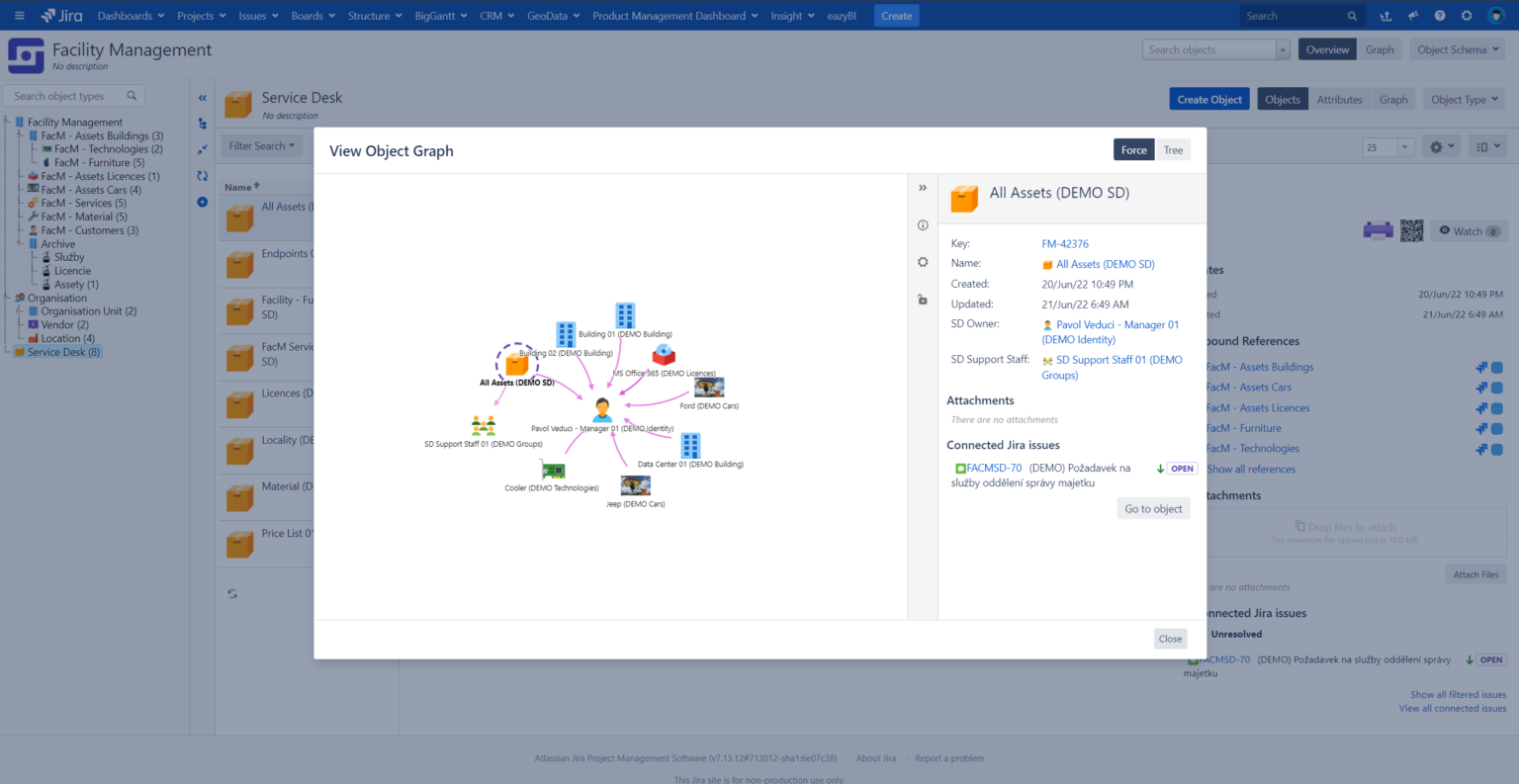 Ukázka Facility Managementu v Jira Service Desku s vizualizovanou mapou vztahů mezi objekty a detaily o vybraném majetku.