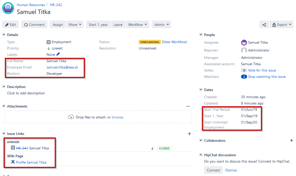 Ukázka Jira úlohy s informacemi o zaměstnanci, jeho pracovní pozici, firemním emailem a daty týkajícími se zkušební doby a začátku pracovního poměru