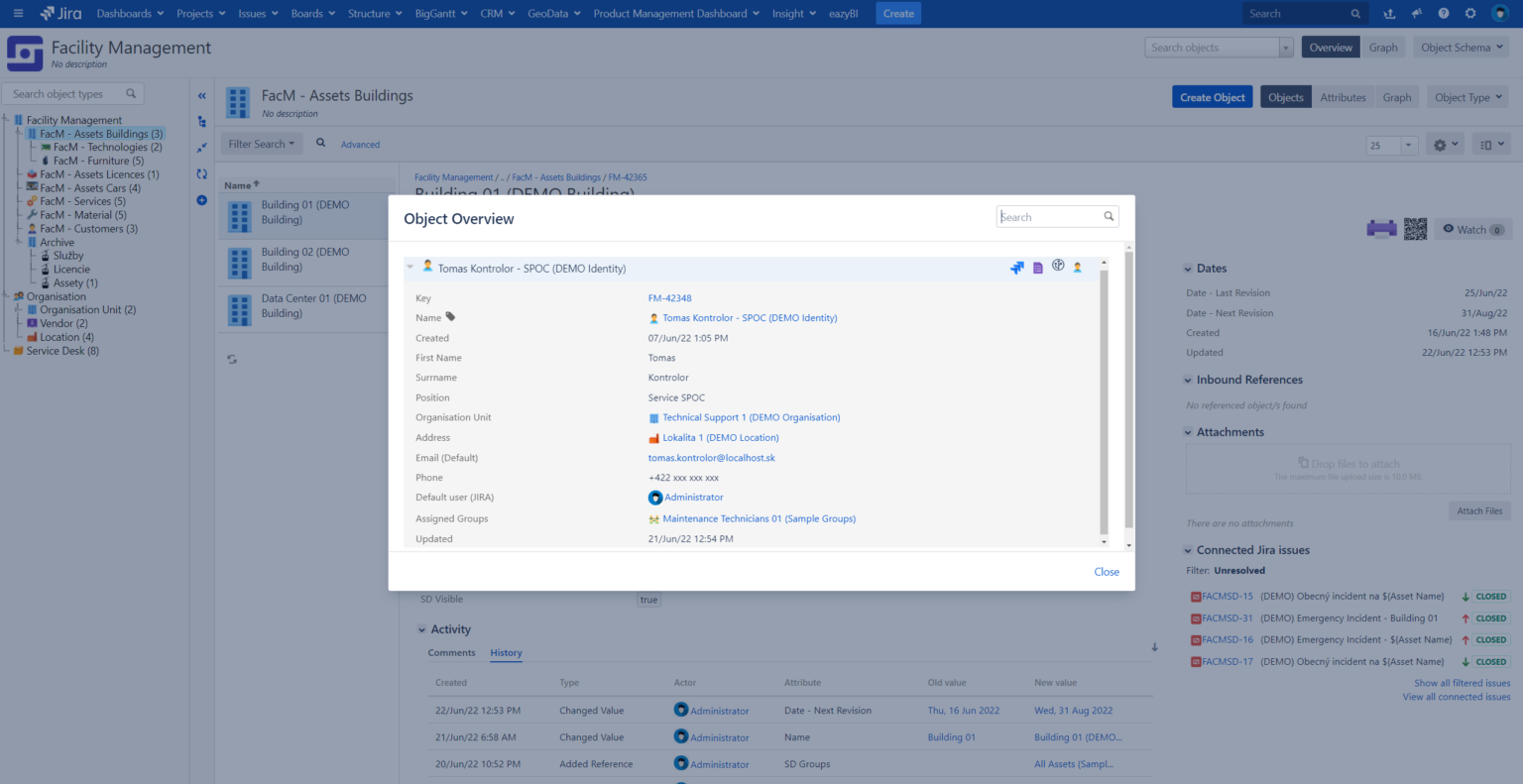 Pohled v Jira Facility Management na detail objektu budovy s přehledem vlastností a propojených dat.