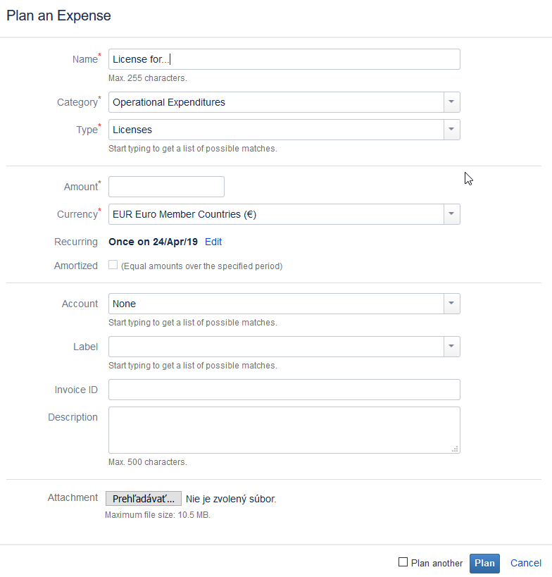 Formulár v Tempo Budgets pre plánovanie výdavkov – obsahuje pole pre názov, kategóriu, typ, sumu, menu, opakovanie, účet, štítok, číslo faktúry, popis a možnosť pripojiť súbor.