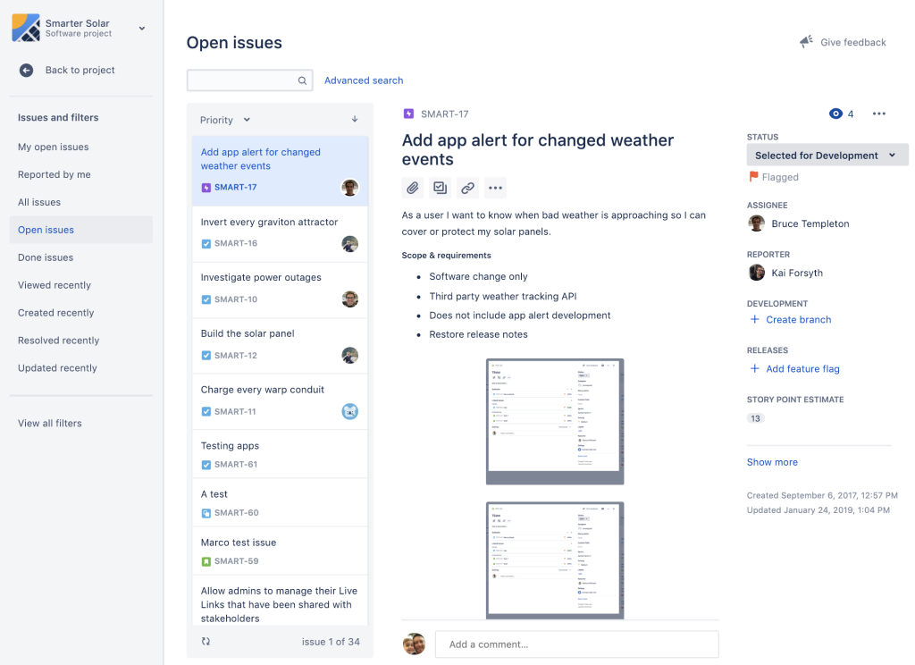 Ukázka seznamu otevřených úloh v Jira projektu Smarter Solar s detailem úlohy Add app alert for changed weather events