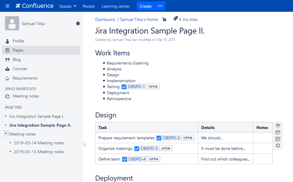 Ukážka stránky v Confluence s názvom Jira Integration Sample Page II, obsahujúca zoznam pracovných položiek a tabuľku úloh prepojených s Jira