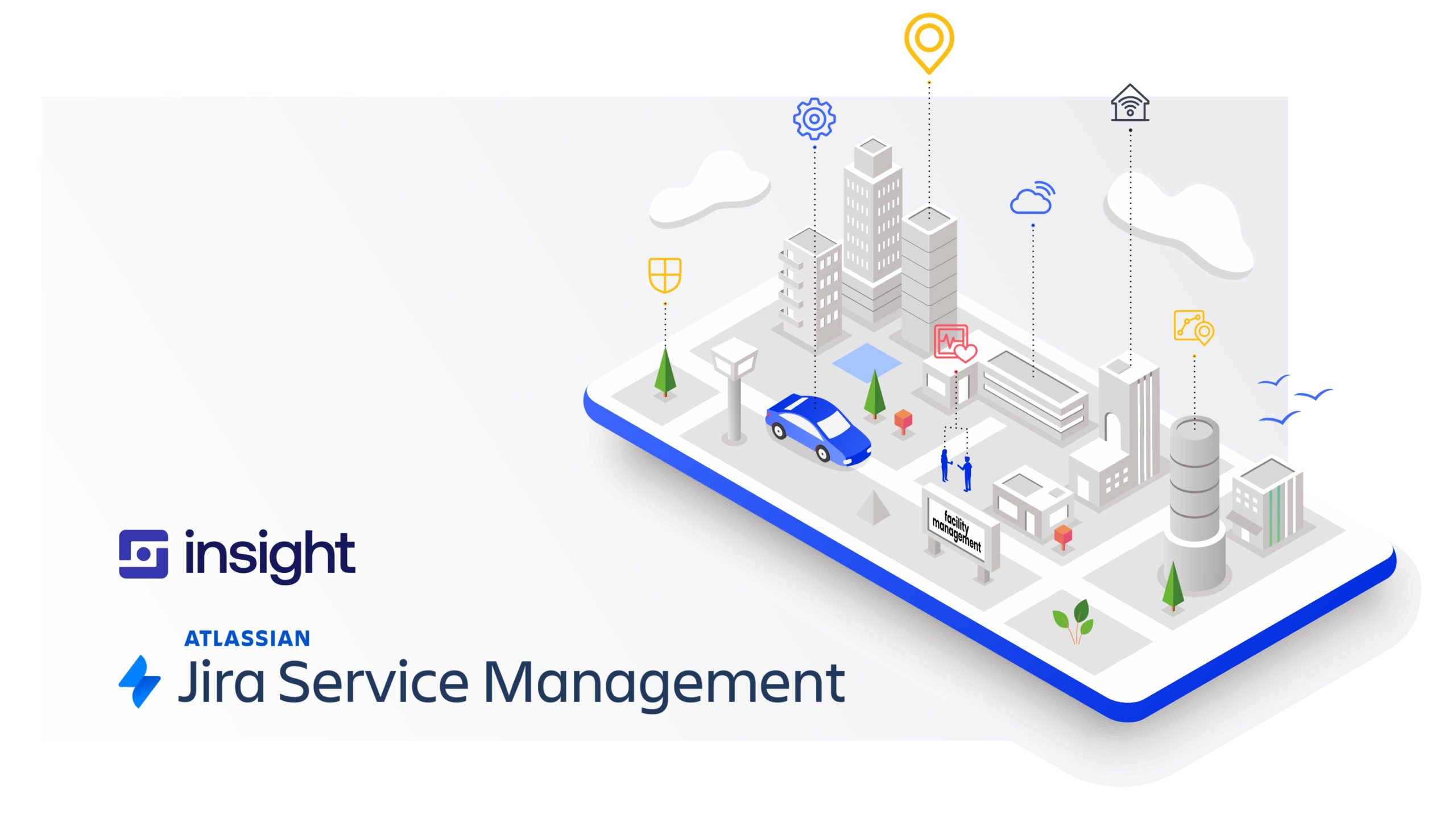Ilustrační grafika pro Insight a Atlassian Jira Service Management zobrazující správu budov a zařízení na digitální mapě.