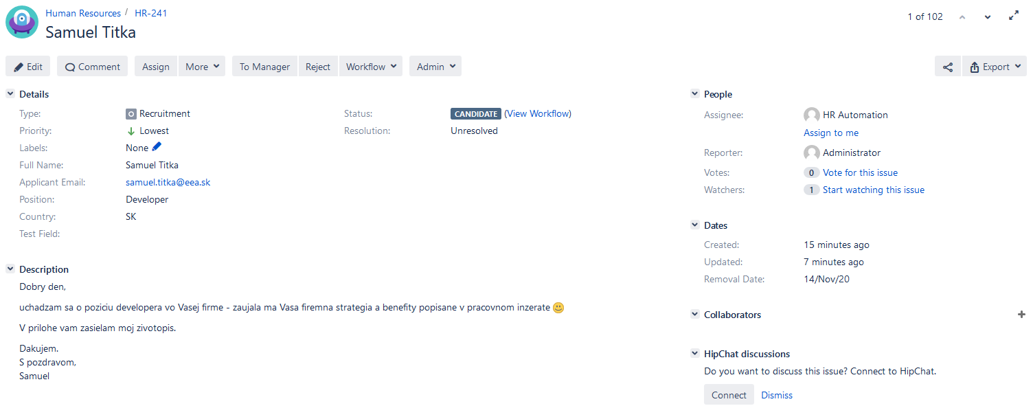 Ukázka záznamu uchazeče o práci v systému Jira Recruitment, s detaily kandidáta, popisem žádosti a možnostmi správy úlohy
